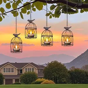 Solar Lanterns Outdoor Waterproof, Rust Iron Cage Candle Holder with Flickering Solar Powered Tea Lights, Hanging Solar Lights for Outside Tree Backyard Patio Garden Fence Decoration-4Pack
