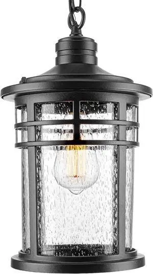 Darkaway Large Outdoor Pendant Lights, 15inch Outdoor Chandelier Hanging Porch Lights Outside Ceiling Mount Aluminum with Seeded Glass for Front Door Gazebo Patio (Large, Black)