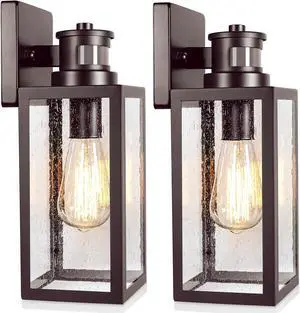 2-Pack Motion Sensor Outdoor Wall Lights, Dusk to Dawn Exterior Wall Sconces Lanterns with Seeded Glass, Waterproof Porch Light Fixtures Outside Lights for House Front Door Entryway Garage, Brown