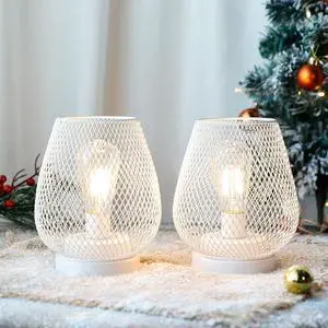 JHY DESIGN Set of 2 Metal Cage LED Lanterns Battery Powered Cordless Accent Light with LED Great for Weddings Parties Patio Events for Indoors Outdoors(White)