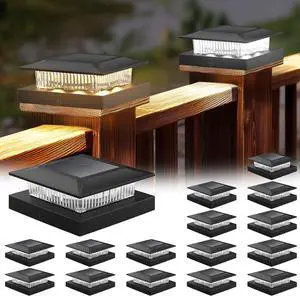 4x4 Solar Post Cap Lights 16 Pack, Fence Post Solar Lights with Warm White/Cool White, Only Fit 4x4 Wood/Vinyl Posts, Waterproof Outdoor Deck Post Light for Deck, Fence, Porch(Black)