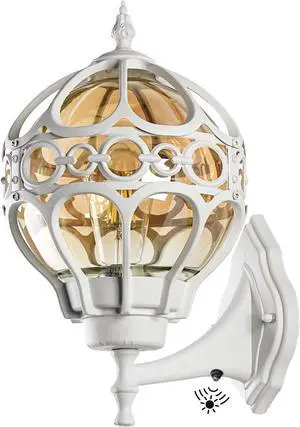 Dusk to Dawn Globe Outdoor Wall Lights, White Porch Light, Aluminum Waterproof Exterior Lighting Fixtures Wall Mount, Sphere Outside House Sconces Lantern with Amber Glass for Patio Garage Doorway