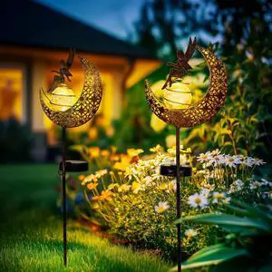 Fairy Garden Solar Lights Outdoor Moon Stakes, Waterproof Outdoor Metal Decor Gifts for Women Mom, Art Moon Sculpture for Yard, Patio, Garden, Porch, 2 Pack