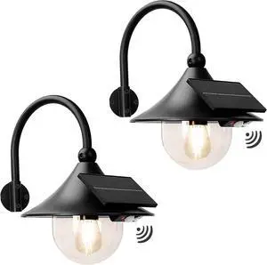 Moodyfei Solar Barn Lights Outdoor - Motion Sensor Wall Lantern with 3 Lighting Modes, Exterior Farmhouse Gooseneck Vintage Light, Waterproof Sconce for Porch Shed Patio Garden Chicken Coop (2 Pack)