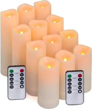 Aignis 12pcs Flameless LED Candles Battery Operated with 10-Key Remote Timer, Outdoor Indoor Waterproof Electric Lights, Warm Flickering Glow for Cozy & Romantic Home/Wedding/Holiday Décor
