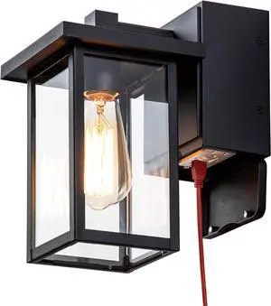 Porch Lights with GFCI Outlet, Black Outdoor Light Wall Mount, Waterproof Exterior Light Fixture with Outlet, Wall Sconce for House, Garage, Patio