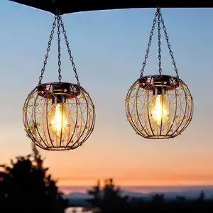 Hanging Solar Lanterns, Solar Lights Outdoor Waterpoof, Solar Chandelier with Warm White Led Bulb, Beaded Copper Wire Ball Shade Patio Garden Decor Lights for Tree Yard Pathway Wall Eave Pergola-2Pack