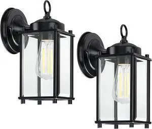 Outdoor Wall Light, Exterior Lighting Fixture Wall Lantern, Black Porch Light Fixture with Clear Beveled Glass, Outdoor Wall Sconce Waterproof Anti-Rust E26 Socket for Front Door, 2 Pack