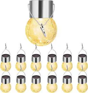 Hanging Solar Powered Warm White LED Light, Cracked Glass Ball Light, Waterproof Outdoor Christmas Decorative Lantern for Garden, Yard, Patio, Lawn (Single Color, 12)
