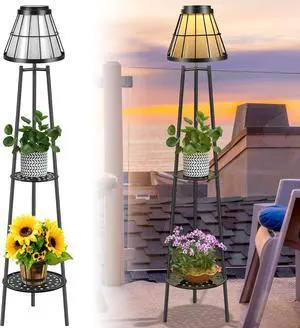 45.4'' Metal Outdoor Solar Floor Lamps with 2 Plant Stand, Waterproof Solar Lights Plant Stand for Patio Deck Yard Garden Porch- Black