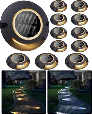 Solar Deck Driveway Lights, 12 Pack Solar Marina Dock Lights Outdoor Waterproof IP68, 2 Colors in 1 Outdoor Driveway Marker for Warning Stair, Sidewalk, Pathway, Patio, Garden Decor
