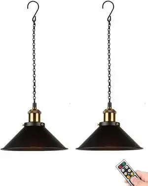 2 Pack Portable Hanging Lights Fixture Battery Operated,Rechargeable Pendant Light with Remote,Wireless Hanging Lamp Battery Powered Chandelier Lantern Black for Indoor Outdoor Garden Porch Patio