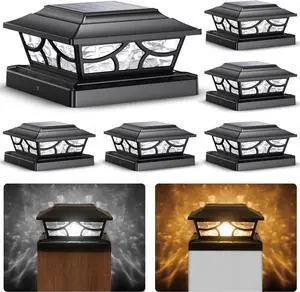 SIEDiNLAR Solar Post Lights Outdoor 4 Modes Deck Fence Post Cap Light for 4x4 5x5 6x6 Vinyl Wooden Posts Patio Garden Decor, Warm White & Cool White Dynamic Lighting Black (6 Pack)