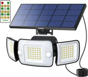 intelamp Solar Lights Outdoor, 3 Head Solar MotionSensor Lights for Outside, lP65 Waterproof,Separate Panel with 9FT Cable RemoteControl Wall Lights