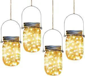Solar Mason Jar Lights,4 Pack 30 Led Starry Fairy String Hanging Jar Lights,Solar Lanterns for Outdoor Patio Party Garden Wedding Christmas Decorations Lights(Mason Jars/Handles Included)