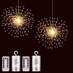 2 Pack Hanging Decor Lights,200 LED Battery Powered Fairy Light, Fireworks Light with Remote, Waterproof Starburst Lights for Gardens Courtyards Christmas Festive Wedding Parties (Warm White)
