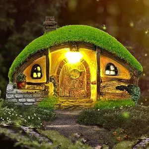 Garden Statue and Fairy House with Solar Lights  Resin Outdoor Figurine Lights, Cottage Yard Decor for Porch & Lawn