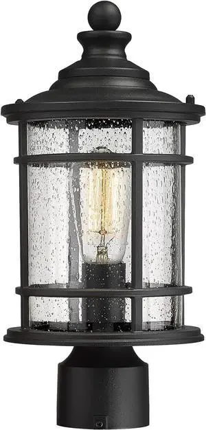 Emliviar Outdoor Post Light Fixtures, 15 Inch Farmhouse Modern Lamp Post Lighting for Outside, Black Finish with Seeded Glass, XE229P BK