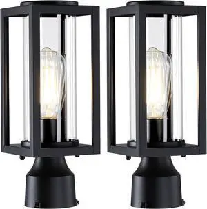 13'' Outdoor Post Lights Lamp Post Light Fixture 2 Packs, Modern Black Exterior Post Lantern Fixture with Tempered Glass, Anti-Rust Light Posts for Outside for Driveway Patio Garden Pathway