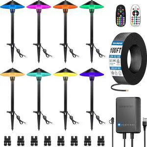 SUNVIE All-in-One RGBW Landscape Lighting Kit, 8 Pack Color Changing Low Voltage Landscape Lights with Connector Transformer 100FT Wire, 3W Multi-Color Pathway Lights for Holiday Walkway Garden Yard