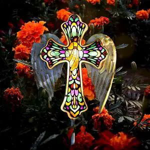 YJFWAL Solar Glass Cross Garden Stake Light, Cemetery Decorations for Grave Outdoor Lights, Jesus Cross Angel Wings Sympathy Memorial Gifts, for Easter Halloween Garden Lawn Yard Patio Decor