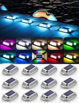 12Pack Aluminum Alloy Solar Driveway Lights, IP68 Solar Deck Light Marine Dock Lights Outdoor Waterproof, Multi-color LED Driveway Markers for Walkway, Path Decor [12Modes - Strobe/RGB/Fix-color]