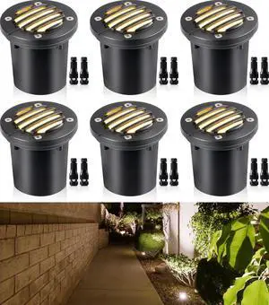 SUNVIE 12W Low Voltage Landscape Lighting Anti-Glare LED Well Lights(Grated Top) 12V-24V Waterproof Outdoor In-Ground Lights 3000K Landscape Lighting for Garden Yard Pathway 6 Pack with Connectors
