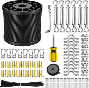 NEREUS String Light Hanging Kit with 250 Ft Vinyl Coated 304 Stainless Steel Cable, String Light Suspension Kit, Guide Wire with Turnbuckles and Hooks for Patio, Backyard Lighting Accessories