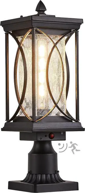 Motion Outdoor Post Lantern Dusk to Dawn Pillar Lamp with 3 Inch Pier Mount Adapter, Black Pole Light Aluminum with Crackle Glass Motion Outdoor Post Lights for Patio, Yard, Garden, Pathway