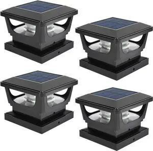Sumaote Solar Post Lights, 6000K Cold White Solar Post Cap Light Fits 4 x 4 Wood, 3x3 & 4x4 PCV/Vinyl Fence Posts Outdoor Deck Light for Garden Yard Railing, IP65 Waterproof, Black Shell, 4 Pack