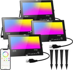 Smart Flood Lights Outdoor RGB via Bluetooth App Control Color Changing Landscape Lights 80W IP66 Waterproof, DIY Scenes/Music Sync/Timing/Daylight 4Pack
