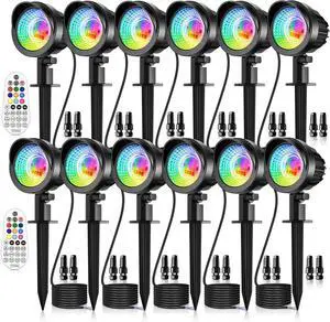 MEIKEE 15W RGB Landscape Lights 12V 24V Low Voltage Landscape Lighting RGBW Color Changing IP66 Waterproof Outdoor Spot Lights with Connectors for Garden Path Yard (12 Pack)
