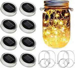 Solar Mason Jar Lights [Updated], 8 Pack 20 LED Waterproof Fairy Firefly Jar Lids String Lights with Hangers(NO JARS), Patio Yard Garden Wedding Decoration - Warm White