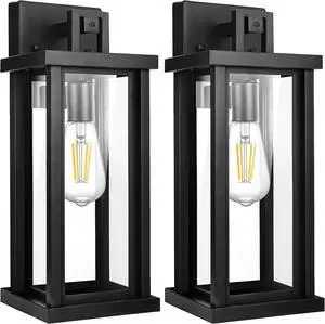 DBF Outdoor Wall Lanterns, Exterior Waterproof Wall Sconces Light Fixtures, Black Porch Lights Outside with Clear Glass, E26 Base Anti-Rust Heavy Duty Metal for House Garage Front Door, 2 Pack