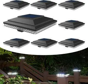 HUYIENO Solar Post Cap Lights,Outdoor Deck Fence Post Lights,Powerful Lithium Battery 20Lumens Two Light Modes Warm White/Bright White Suitable for 4x4 5x5 Wooden Posts,4x4 Viny Posts (Black, 8pk)