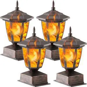 Dynaming 4 Pack Solar Flame Post Lights Outdoor, Solar Powered Lamps Fence Post Cap Lights, Flickering Flame LED Lantern Waterproof for Garden Deck Patio, Fit 4x4, 5x5 or 6x6 Wooden Posts, Bronze
