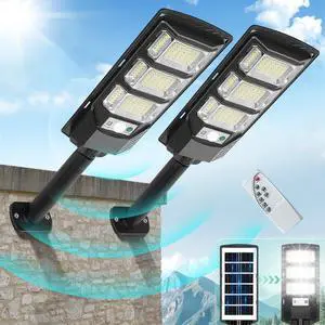 Solar Outdoor Lights 2 Pack, 6500K Solar Street Lights Outdoor Waterproof with Motion Sensor, Flood Security Light with Remote Control Dusk to Dawn Commercial Lighting for Yard Path