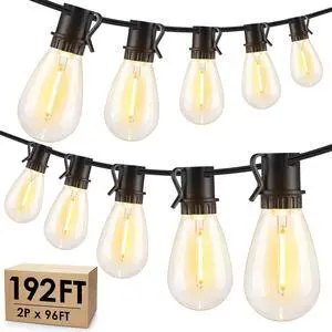 192FT(2x96FT) LED Outdoor String Lights, Patio Lights with 60+3 Shatterproof Waterproof 2700K Dimmable Bulbs, Linkable Light for Balcony-Black