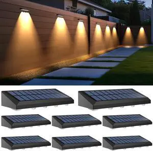 Solar Fence Lights Outdoor, 8 Pack Fence Lights Solar Powered with 4 LED, Fence Solar Light Outdoor IP65 Waterproof Deck Light for Backyard, Railing, Patio, Stair, Wall, Step - Warm Lighting
