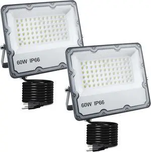 2 Pack 60W Led Outdoor Flood Light, Exterior Flood Lights, Plug in Flood Light, for Yard, Stadium, Playground, Lawn,Garden, Garages,Basketball Court