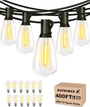 SUFEIMAS Outdoor String Lights Waterproof 400FT (100ft*4) shatterproof Patio Lights for Outside with 212 Vintage dimmable LED Edison Bulbs,Backyard Lights for Fence Garden,Balcony Porch Party Bistro