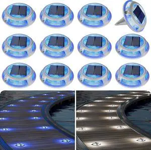 VOLISUN Solar Driveway & Deck Lights 12 Pack Waterproof Dock & Marine Ground Lights,2-in-1 Blue & White LED,Solar Marker for Pathways,Steps,and Warning Signs