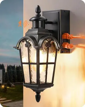 EDISHINE Motion Sensor Outdoor Lights, Porch Light with GFCI Outlet, Exterior Lighting Fixtures Dusk to Dawn Outside Wall Sconce with Water Ripple Glass, Wall Mount Lantern Lamp for House Garage