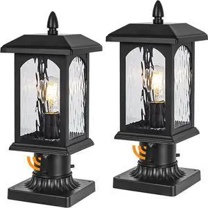 2 Packs Dusk to Dawn Outdoor Post Light with Pier Mount Base - Hard Wired Pole Outdoor Lighting, Waterproof Black Pillar Lantern Outside with Tempered Rippled Glass for Pathway, Garden, Patio