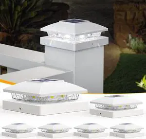 APONUO Solar Post Cap Lights for 4x4 Posts, Bright Cool White LED Post Cap Lights Solar Powered, IP64 Waterproof & All-Night Lighting, White 6 Pack  Deck, Fence, Patio Light (Easy Install)