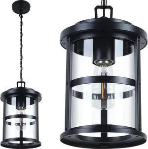 UFOND Outdoor Pendant Lantern, Pendant Light in Black Finish for Porch, 1-Pack Exterior Hanging Lantern with Clear Glass and Adjustable Chain,Gazebo Light Fixture for Patio Garage Entryway
