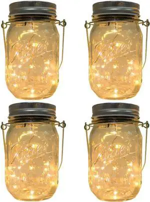 CHBKT 4-Pack Solar-powered Mason Jar Lights (Mason Jar / Handle Included),20 Bulbs Jar Hanging Light,Garden Outdoor Solar / Hanging Lantern,Decor Solar Light,Table Light,Patio Path Light,Warm White