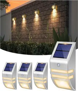 4 Pack Solar Stainless Steel Fence Lights Outdoor Waterproof Motion Sensor Wall Sconce for Backyard Post, Deck, Porch, Stair Rail, Dock, Gate, Walkway, Steps, Patio, Garden, Ambiance Warm Lighting