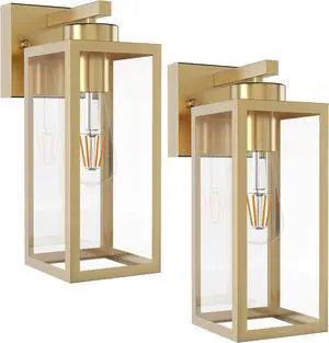 Tipace Outdoor Wall Lantern 2 Pack Gold Exterior Wall Sconce with Clear Glass Shade Wall Mount Lights for Entryway,Porch,Doorway(Bulb Not Included)