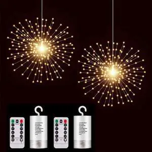 2 Pack Starburst Sphere Lights,200 LLED Firework Light, 8 Modes Dimmable Remote Control Waterproof Hanging Fairy Light, Copper Wire Lights for Patio Parties Christmas (Battery Operated)